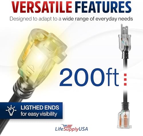 200ft Outdoor/Indoor Extension Cord 16/3 Gauge Heavy Duty 3 Prong SJTW, Waterproof, Flexible Cold-Resistant Long Power Cord,6 Amp 750W, Black by LifeSupplyUSA