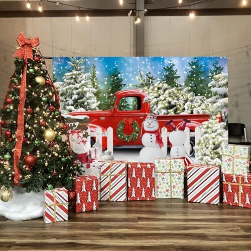 Winter Christmas Snowman Red Truck Backdrop 7x5ft Merry Christmas Winter Forest Photography Background Xmas Theme Party Decorations Studio Photo Booth Props