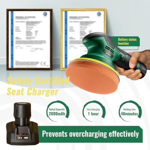 BATOCA S3 Cordless Car Buffer Polisher - 2pcs 11.1V Lithium-ion Rechargeable Battery Powered Brushless Polisher with 6 Variable Speed, DA Orbital Buffer for Car Detailing, Polishing, Waxing