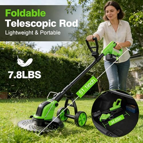 Kihoplly 12" Stringless Weed Wacker Cordless Eater, 21V 6000mAh Battery Powered Trimmer Edger Lawn Tool, 20000 RPM Powerful Electric Wheeled Lawn Edger with Blades, Foldable& Lightweight Brush Cutter