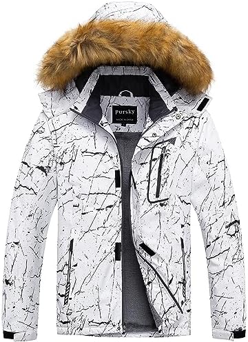 Pursky Men's Waterproof Ski Jacket Winter Snow Coats Fur Hooded Raincoats Parka