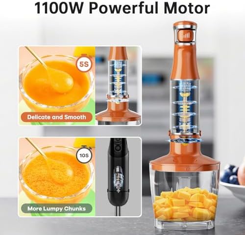 Turelar Immersion Blender Handheld Corded Hand Blenders Set 1100W, Trigger Variable Speed 5 in 1 Stick Emulsifier with Chopper, Whisk and Frother for Soup, Baby Food and Smoothies, Orange