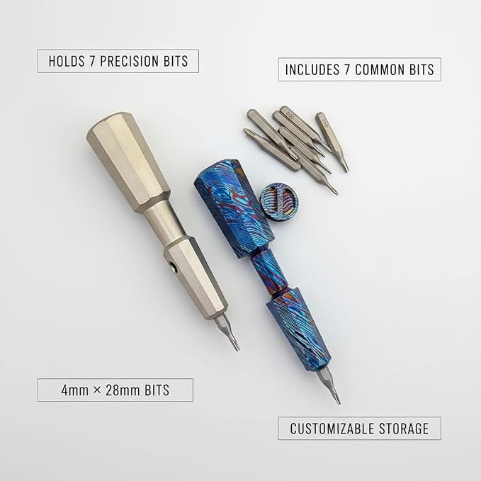 Mini Titanium EDC Pocket Screwdriver with 7 Bit Storage, 81mm / 3.19in Magnetic Precision Hex Driver Tool, Portable Polygon Everyday Carry Tool (Titanium Stonewash)