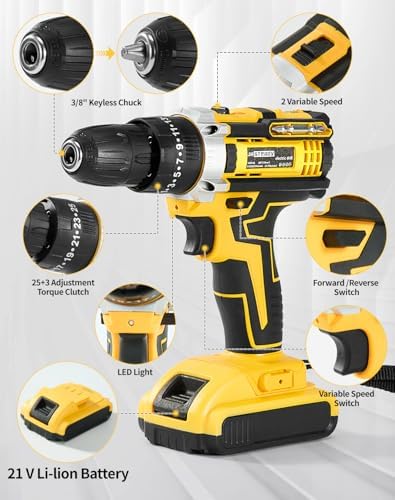 21V Cordless Drill Driver Kit, 25+1 Clutch, 2 Batteries & Charger, 3/8" Keyless Chuck, LED Light, Complete Drill Set with Carry Case, Ideal for Home Improvement, Household Repairs & DIY Projects
