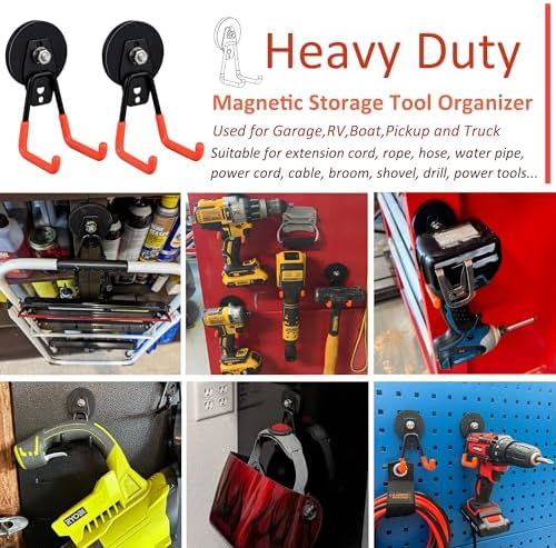 ULIBERMAGNET Heavy Duty Magnetic Garage Hooks,6 Pack Strong Large Magnet Hooks for Power Drill,Garden Tools,Hose,Pegboard,Garage, Workshop,Magnetic Storage Hook for Indoor Outdoor Hanging(Orange)