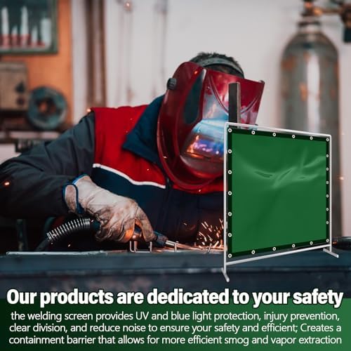 2 Pack Welding Curtain Safety Screen with Fixed Belt, 6 x 6ft Green, Fire Resistant Transparent Vinyl Welding Shield for UV and Blue Light Protection