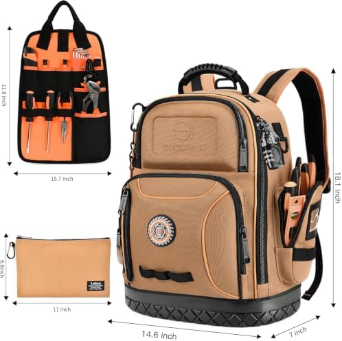 Tool Bag Backpack with 2 Canvas Tool Pouch Tool Kit, 75 Pockets & Loops Heavy Duty Tools Organizer/HVAC Tool Carrier for Eelectrician/Construction Work with Molded Base and Combination Lock, Brown