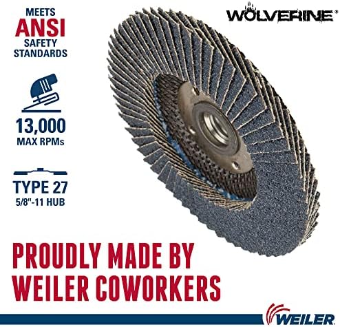Weiler 31407 Wolverine 4-1/2" x 5/8"-11 UNC NUT Abrasive Flap Disc, 36 Grit Zirconia Alumina, Flat Type 27, Phenolic Backing, Standard Density (Pack of 10)