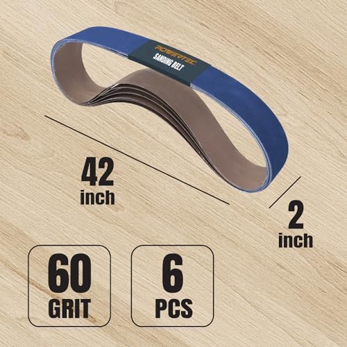 POWERTEC 2x42 Zirconia Sanding Belts, 6PK, 60 Grit 2 x 42 Sanding Belts for 2x42 Belt Sander, Grinder, Belt and Disc Sander, Knife Making, Woodworking, Metal Working (424206Z-6)