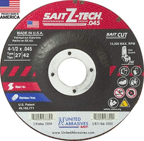 United Abrasives-SAIT 23334 Z-Tech™ High Performance Cut-Off Wheels (Type 27/Type 42 Depressed Center) 4-1/2" x .045" x 7/8", 50-Pack