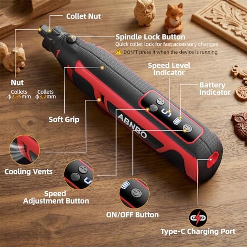 Mini Cordless Rotary Tool,5-Speed 30000RPM,Power Rotary Tool Kit 4V Type-C Charging with Digital Display, 100 Accessories for Sanding,Polishing,Engraving,Carving, DIY Crafts (RED)