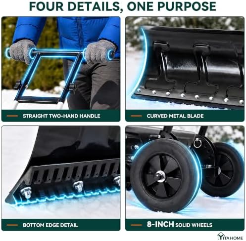 YITAHOME 48" Snow Pusher with Wheels, Snow Shovel for Driveway, Solid Tires