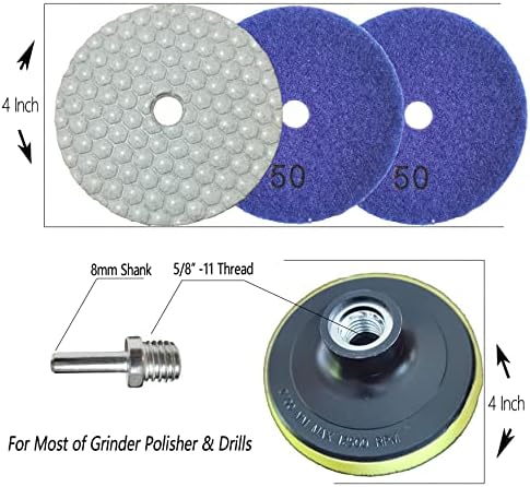 16 Packs Dry Diamond Polishing Pads Grit 50, 4 Inch Dry/Wet Granite Sanding Pad for Bufffing Marble Quartz Concrete Stone Tiles Used for Grinder Polisher Drill