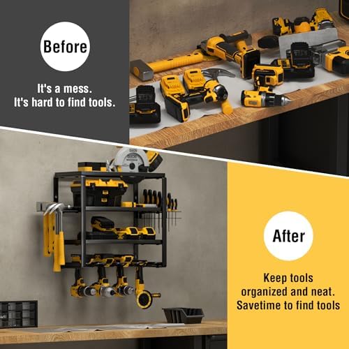 YYR 4 Layer Power Tool Organizer Wall Mount, Cordless Drill Hanger Storage Rack, Battery Tools Holder with Charging Station Shelf for Garage Organization, Workshop, Pegboard, Shed - 16 Inch 4 Slots