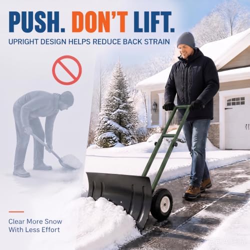 GarveeLife Wheeled Snow Shovel - 29in Steel Blade, 10in Wheels Army Green