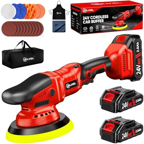 SILVEL Cordless Car Buffer Polisher, 2 X 2000mAh 24V Batteries, 2800 - 5800 RPM Car Polishing Kit with 5 Inch Car buffer Waxer Kit, Car Polishing Machine,6 Variable Speed for Car Detailing