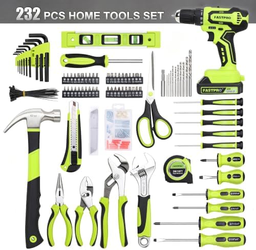 FASTPRO Home Tool Set with Drill, Household Repairing Tool Kit, Green