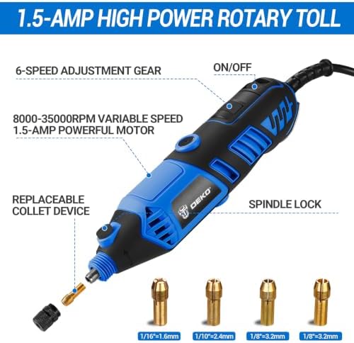 DEKOPRO Rotary Tool Kit, 1.5-Amp Corded Power Rotary Tools with 42" Flex Shaft, 6 Variable Speed, 8,000-35,000 RPM, 129 Pcs Accessories Kit for Cutting, Sanding, Grinding, Carving & DIY Projects Blue