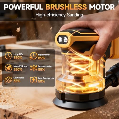 Cordless Sander Compatible with DeWalt 20v Battery, Random Orbit Sanders Brushless Motor 5 Inch with 6 Variable Speed 9700-19000RPM, 20PCS Sanding Discs & Dust Collector for Sanding (No Battery)