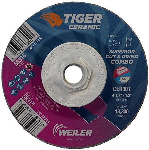 Weiler 58316 4-1/2 x 1/8 Tiger Ceramic Type 27 Cut Off/Grind Combo Wheel CER30T 5/8-11 Nut (Pack of 10)