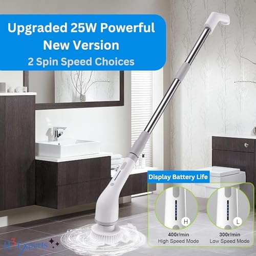 Electric Spin Scrubber 8-in-1 with MOP Clip - Adjustable Extension Arm & 8 Replaceable Brushes - Cordless Cleaning Power Shower Grout Scrubber for Kitchen, Bathroom, Tub, Tile, Floor