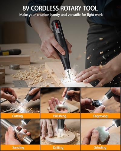 Cordless Rotary Tool, 8V Multi Tool with Auto-Lock Chuck & 5 Speed, 23,000RPM Rechargeable Engraver Kit with Storage Case, for Sanding, Polishing, Drilling, Carving, DIY Crafts