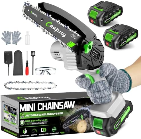 CEEPUY Mini Chainsaw, 6 Inch Portable Electric Chainsaw with 2 Batterys/Automatic Oiler/Security Lock/Powered Small Handheld Saw for Trees Branches Trimming
