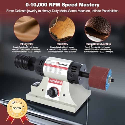 Leather Burnishing Machine, 1750-8500 RPM Variable Speed, 350W Electric Polishing Tool with Sanding Drum and Rosewood Grinding Head,12 Pcs Sanding Sleeves (80/120/240 Grit) & Mahogany Polishing Wheel