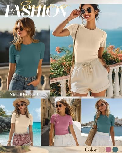 Ficerd 3 Pack Women's Ribbed Short Sleeve T-Shirts