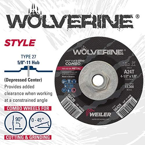 Weiler 56429 Wolverine Type 27 Cut and Grind Combo Wheel, A24T, 5/8" 11 UNC Nut, 4 1/2" x 1/8", Aluminum Oxide, 4.5" Diameter (Pack of 10)