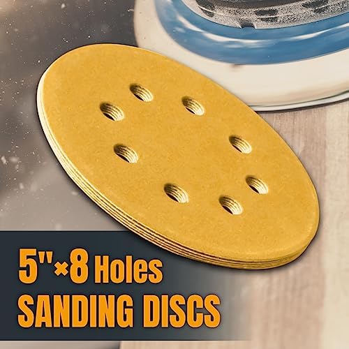 POWERTEC 50 PCS 120 Grit - 5 Inch 8 Hole Hook and Loop Sanding Discs, 5" Sanding Pads for Automotive, Drywall, Woodworking with Orbital Sander, Air, and DA Sander (44012G-50)