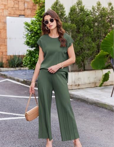 Ekouaer Lounge Sets for Women Two Piece Outfits Knit Cap Sleeve Tops Wide Leg Pleated Pants Casual Dressy Sweater Sets