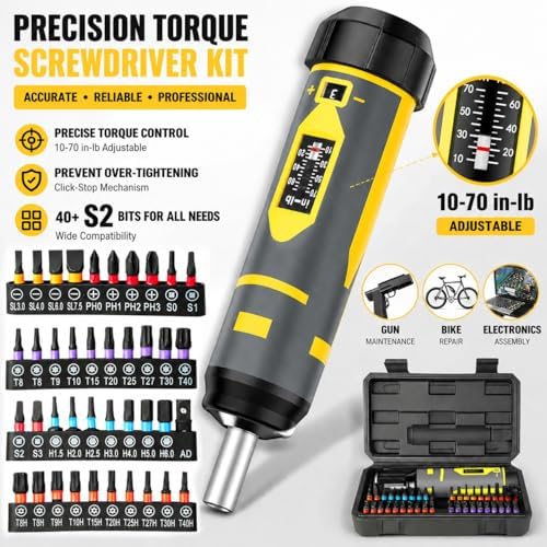 Torque Screwdriver Set 10-70 in-lb,1/4'' Drive with 40 S2 Bits | 10-70 Inch-Pounds Torque Wrench for Scope Mounting, Bcycle Repair & Precision Maintenance.