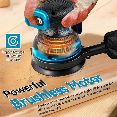 5" Cordless Random Orbital Sander Compatible with Mak-ita 18v Battery,Brushless, 3-Speed (7000/9500/11000 RPM), Dust Bag Included, 20 Sanding Discs for Woodworking Polishing Sanding