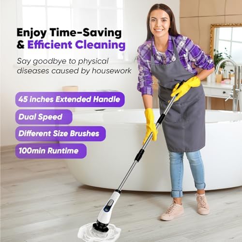 Electric Spin Scrubber Cordless – Powerful Bathroom Cleaning Brush with Long Handle, 2 Speeds, 3000mAh Rechargeable, 7 Brush Heads, Wall Hanger & Crevice Tools – Shower, Tub & Tile Cleaner