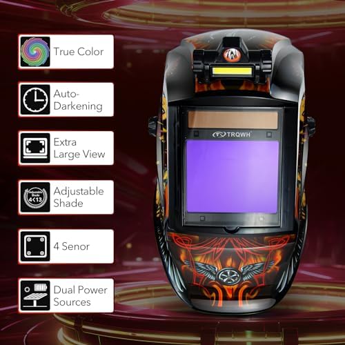 TRQWH Welding Helmet Auto Darkening Large Viewing True Color Solar Powered Welding Mask with 4 Arc Sensor Adjustable Wide Shade Range 4~5-8/9-13 Welder Mask with Grinding