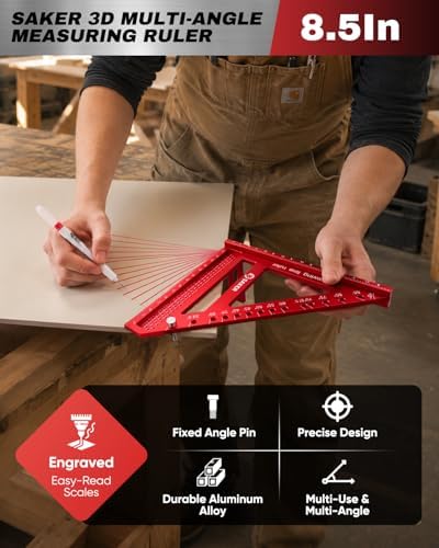 Saker 8.5Inch 3D Multi-Angle Measuring Square Ruler, Aluminum Alloy Carpenter Square,Precision Hole Scribing Ruler with Angle Pin for Woodworking, Engineering, and Construction Projects