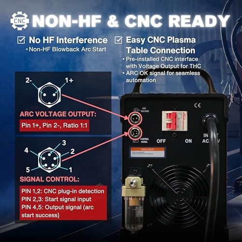 LOTOS LTP8050 CNC 80AMP Blow Back Arc Plasma Cutter, CNC Interface Ready, HTC/Arc OK Output, Drag Cut Enabled, 1" 25mm Clean Cut, Metal Cutting Machine, 220V