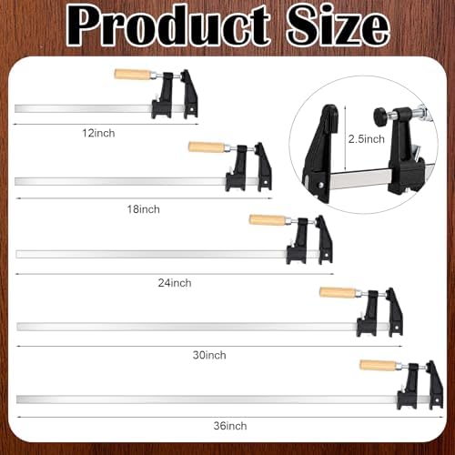5 Pack Woodworking Clamps Sets 12", 18", 24", 30", 36" Bar Clamps Throat Depth 2.5 Inch Adjustable Heavy Duty F-clamp with Handle