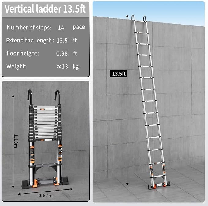 Telescoping Ladder,with Stable Hook and stabilizer barand,Extension Ladder, Heavy Duty 330lbs Max Capacity, Multi-Purpose Collapsible Ladder for RV or Outdoor Work (16.5FT/5.1M)