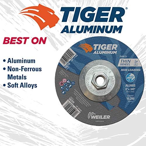 Weiler 58210 6 Inch Cutting Wheel, Tiger Aluminum Non-Loading Contaminant-Free High Performance Cutting, .045" ALU60S Type 27 5/8"-11 Hub, Pack of 10
