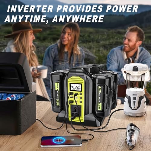 350W Power Inverter Compatible with Ryobi 40V Battery 4-Ports DC 40V to AC 110~120V Pure Sine Wave Battery Inverter with LED Light, USB-A Port,Type-C Port,DC Port for Camping Emergency Travel