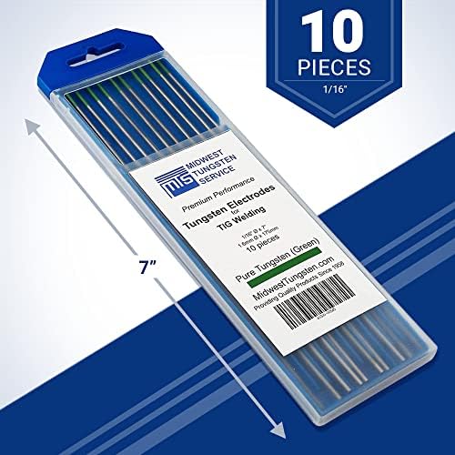 Midwest Tungsten Service TIG Welding Tungsten Electrodes 10-Pack (Green - Pure Tungsten (WP, EWP), 1/16")