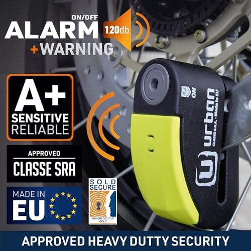 URBAN 999 Approved Motorcycle Disc Lock with Smart Alarm | 120dB, LED, Warning, A+ Sensitivity, X2 ON | SRA & Sold Secure Gold Tested Anti-Theft for Motorbike | 14mm Double Locking, Hardened Steel