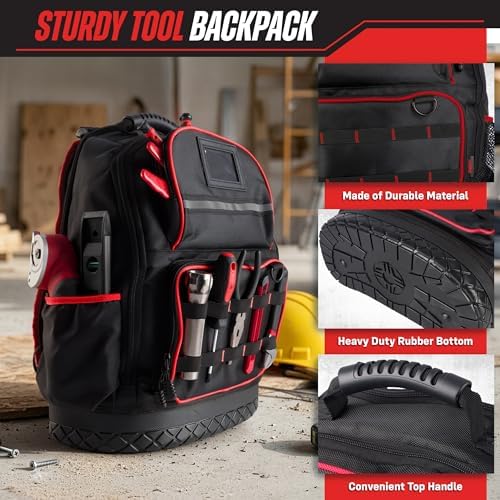 Tool Backpack Heavy Duty Tool Bag with Laptop Sleeve, USB Charging Port, Side Pouches, Multi Pockets and Rubber Base - Electrician, Handyman, Construction, Carpentry Work or Jobsite Tote by Stalwart