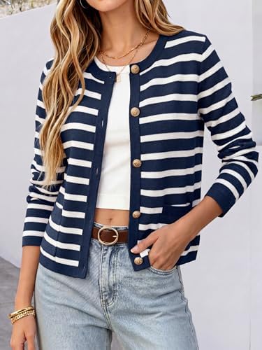 ANRABESS Women's Button Down Cropped Striped Cardigan Sweaters