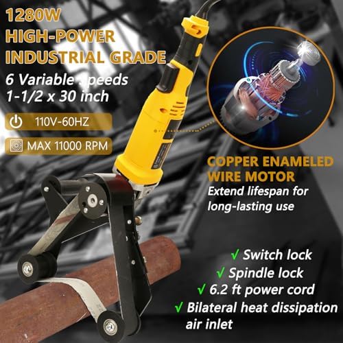 Pipe Tube Polisher Sander,1280W High-Power Industrial Grade Pipe Belt Sander with 6 Variable Speeds,Professional Polishing Tools for Grinding, Polishing,and Rust Removal.
