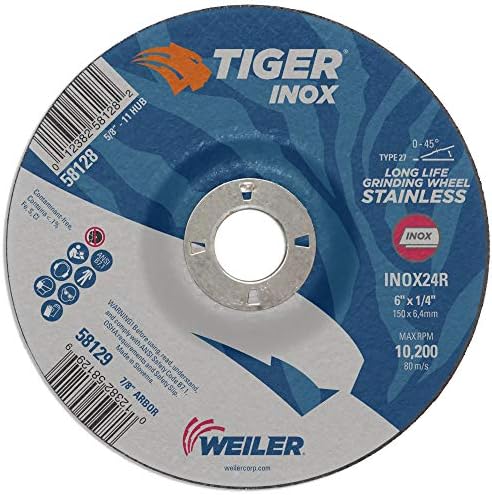 Weiler 58129 6" x 1/4" Tiger INOX Type 27 Grinding Wheel, INOX24R, 7/8" A.H. (Pack of 10)