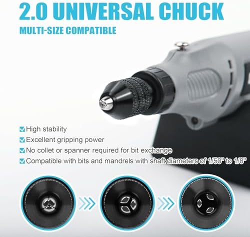 Variable Speed Rotary Tool Kit with 2.0 universal chuck from 1/50'' to 1/8'', Cordless Rotary Tool with LED Light, Multi-Purpose Power Tool for Sanding, Polishing, Drilling, DIY Crafts