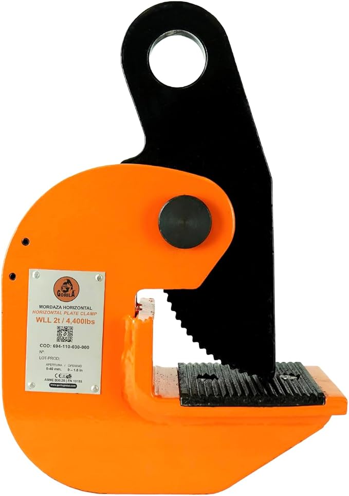 GORILA horizontal plate clamp | 4400lbs / 2 ton | Jaw opening 1.6 inch / 40mm | Industrial and heavy duty Steel plate clamp for lifting and transporting | Safety factor 4:1 | Since 1989